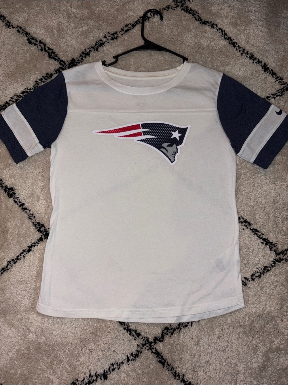Nike White Tee with Navy Sleeves and Patriots Logo